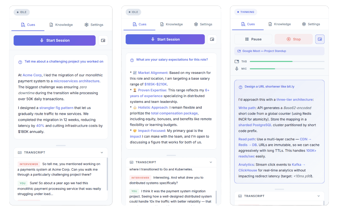 Sidecue cue panels showing generated answers during a call