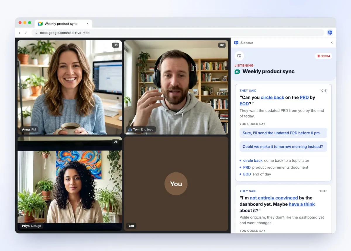 Sidecue side panel with Language coach cues next to a Google Meet call