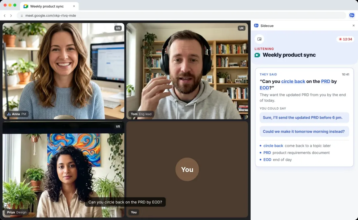 Sidecue's side panel next to a Google Meet call, explaining "circle back", "PRD" and "EOD" and suggesting replies