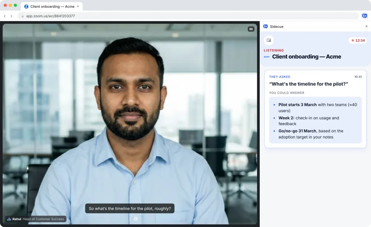 Sidecue's side panel next to a Zoom call, showing the client's question about the pilot timeline and a ready answer from your notes