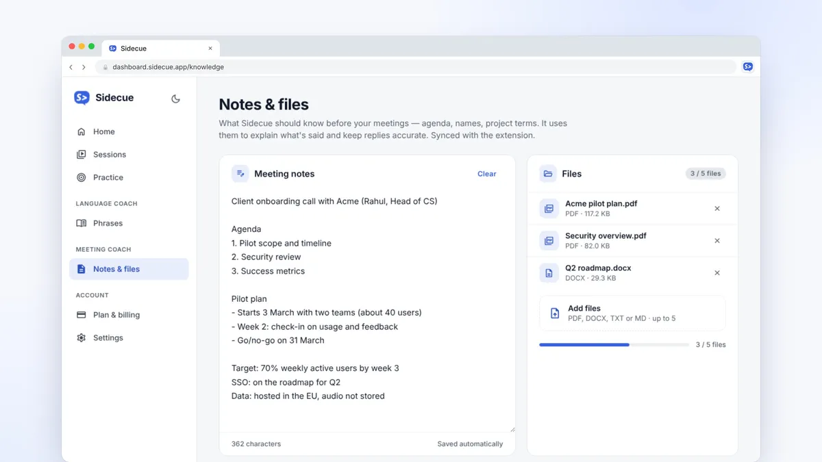 Sidecue dashboard Notes and files page with a meeting agenda and uploaded PDFs