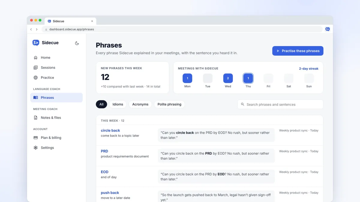 Sidecue dashboard Phrases page listing idioms and acronyms from recent meetings