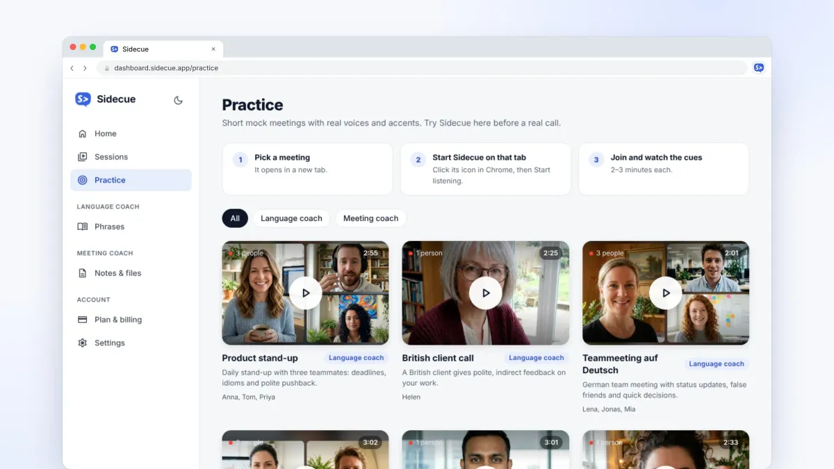 Sidecue dashboard Practice page with mock meetings to join