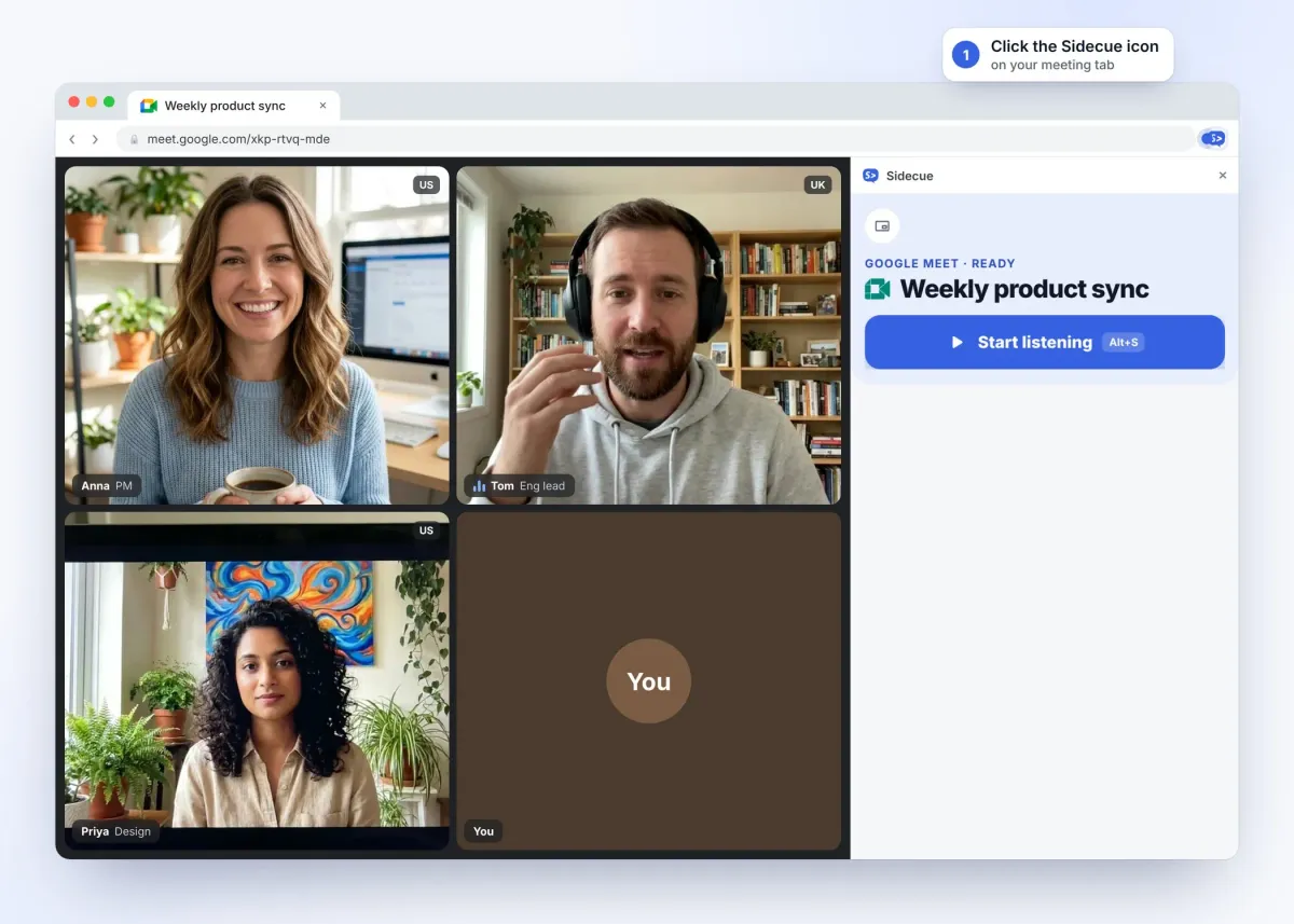 Google Meet tab with the Sidecue side panel ready to start listening