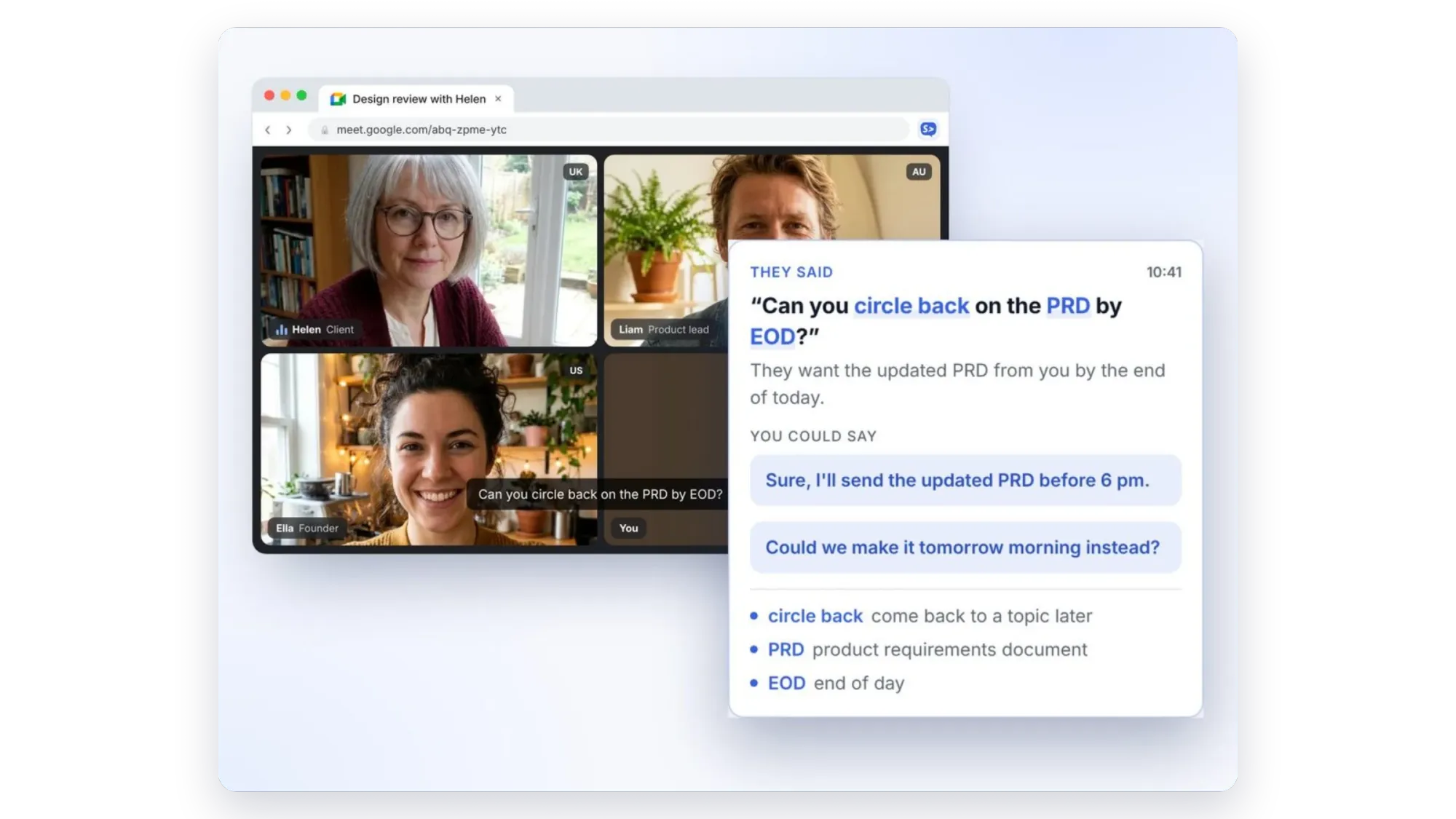 Sidecue explaining the idiom circle back during a Google Meet call, with replies you could say