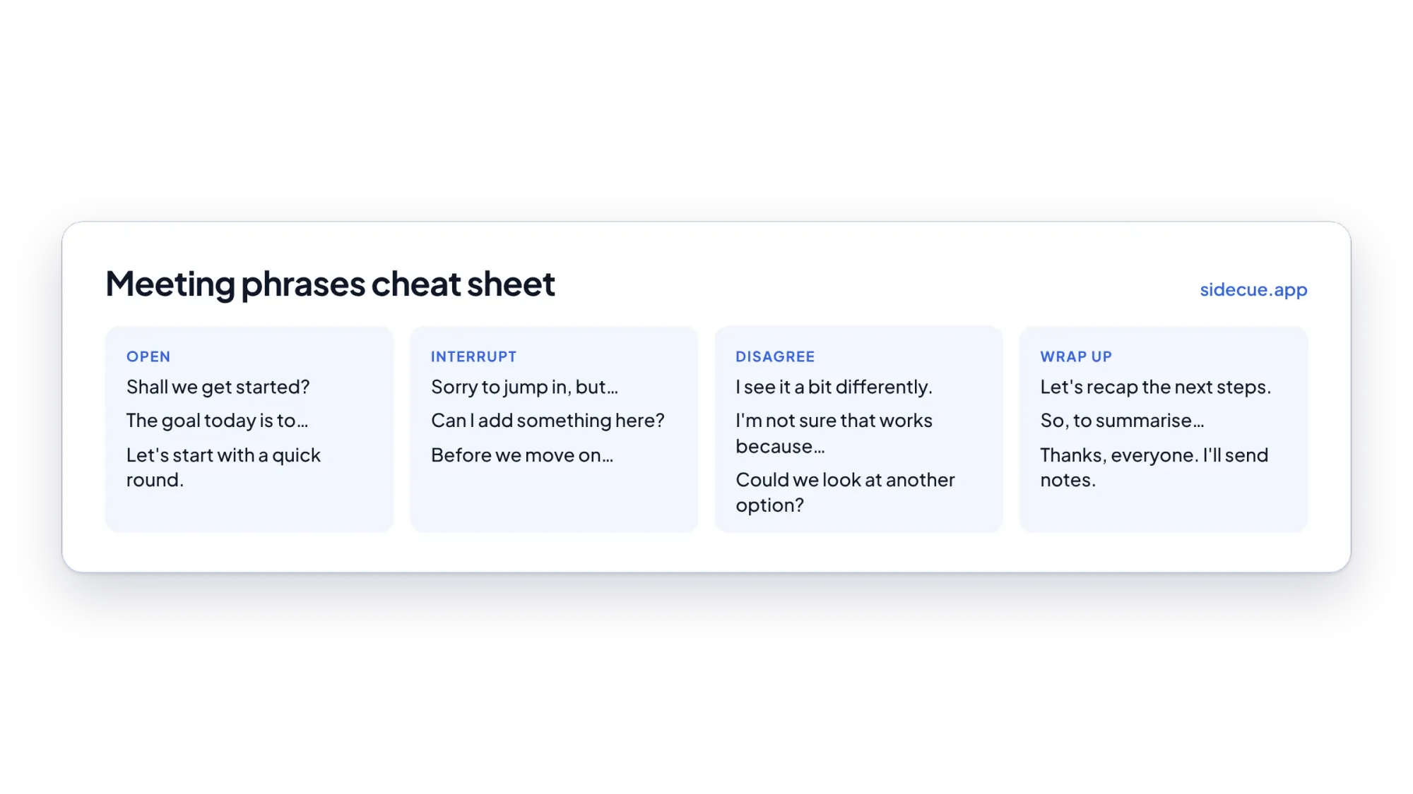 Cheat sheet of English meeting phrases to open, interrupt, disagree and wrap up