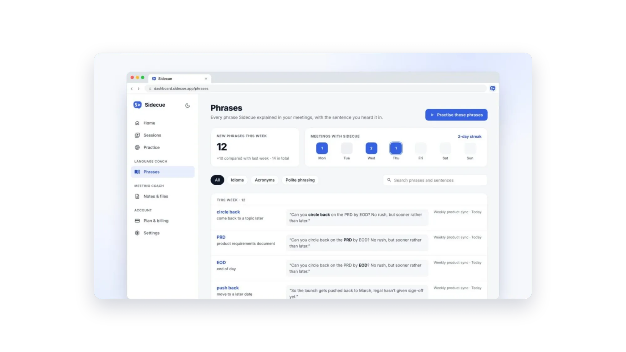 Sidecue Phrases page with expressions saved from past meetings