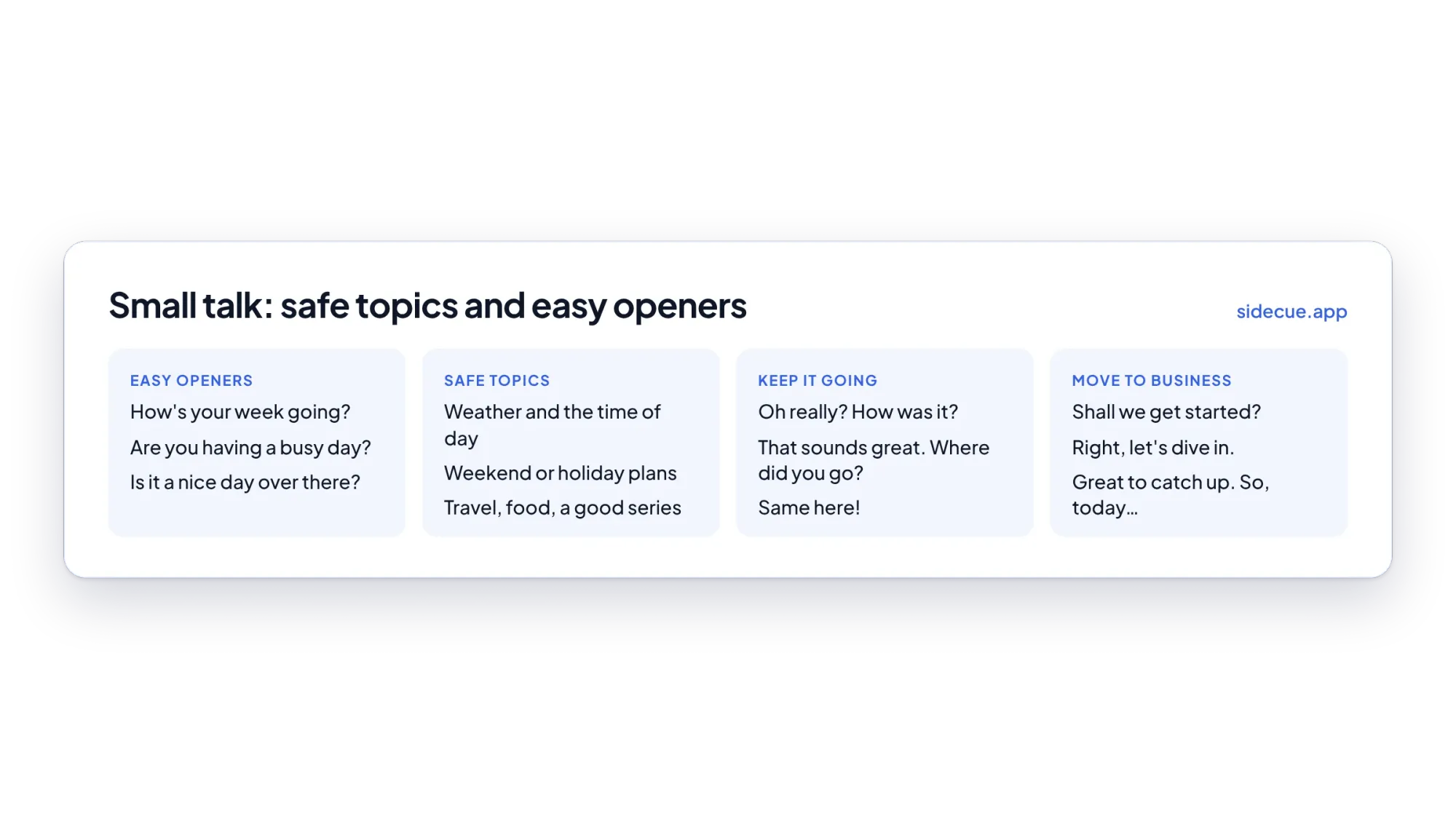 Small talk cheat sheet with easy openers, safe topics, follow-ups and phrases to move to business