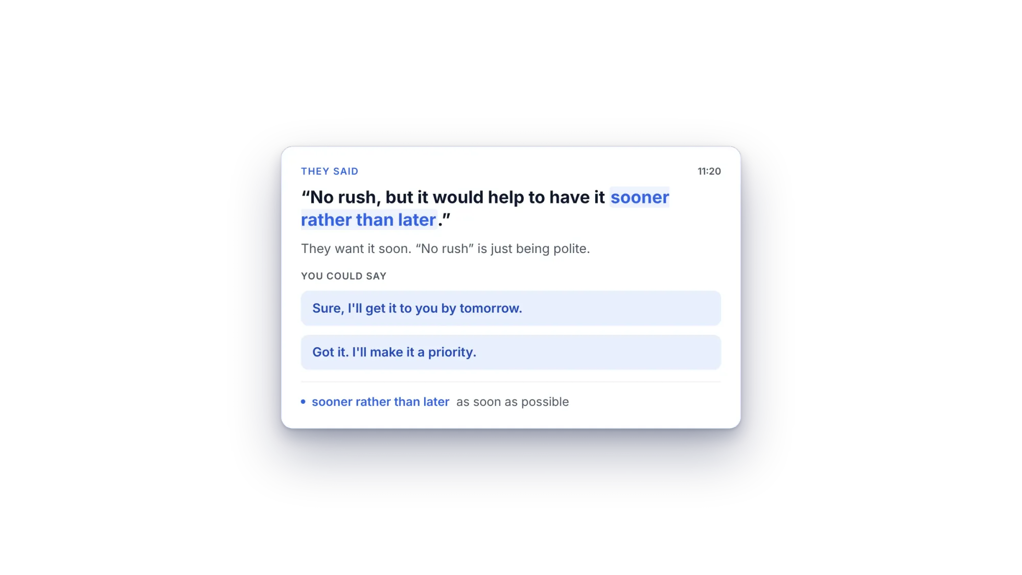 Sidecue Language coach explaining sooner rather than later, with two replies