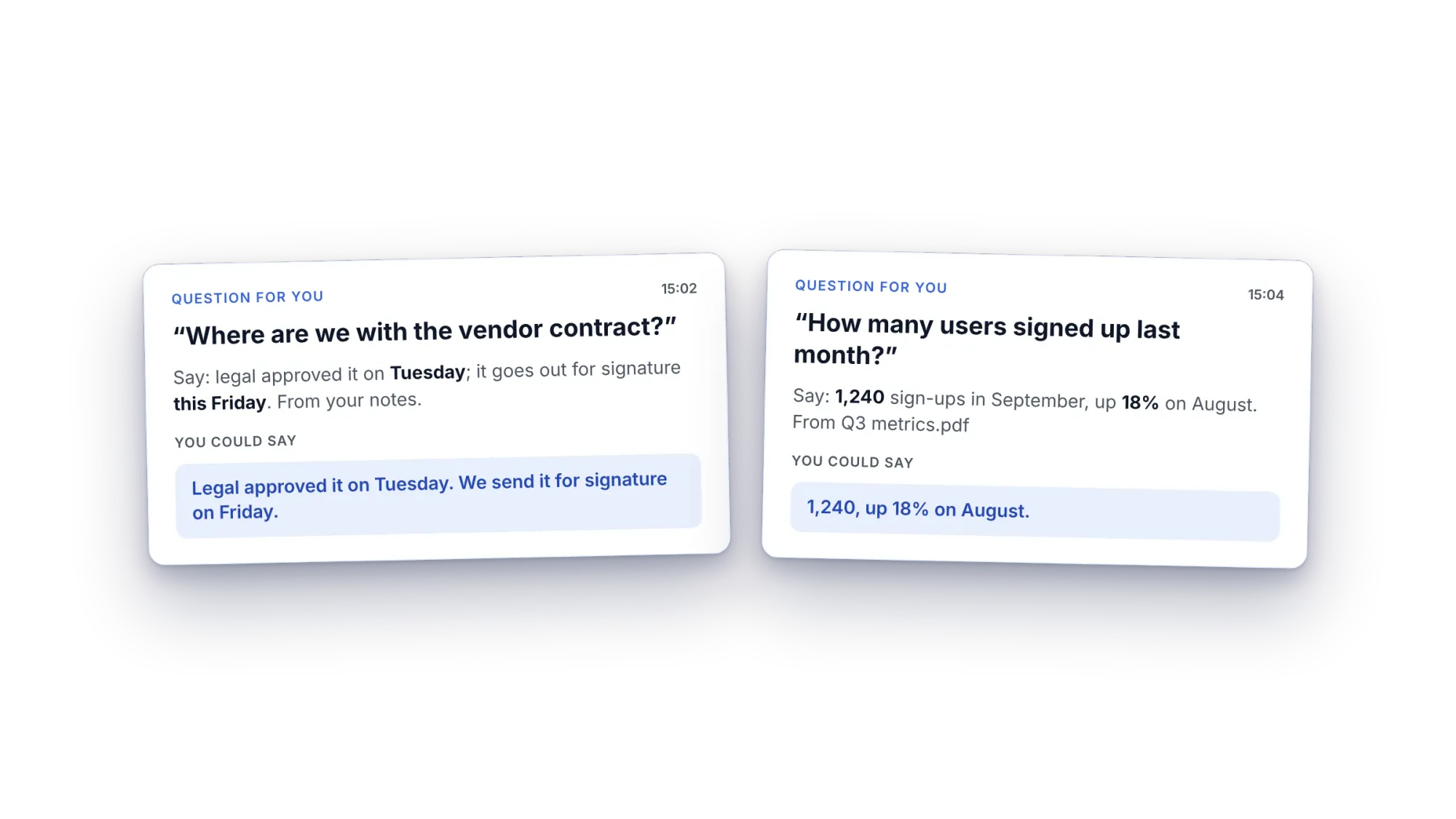 Two Sidecue Meeting coach cues answering questions about a vendor contract and monthly sign-ups from the user's notes