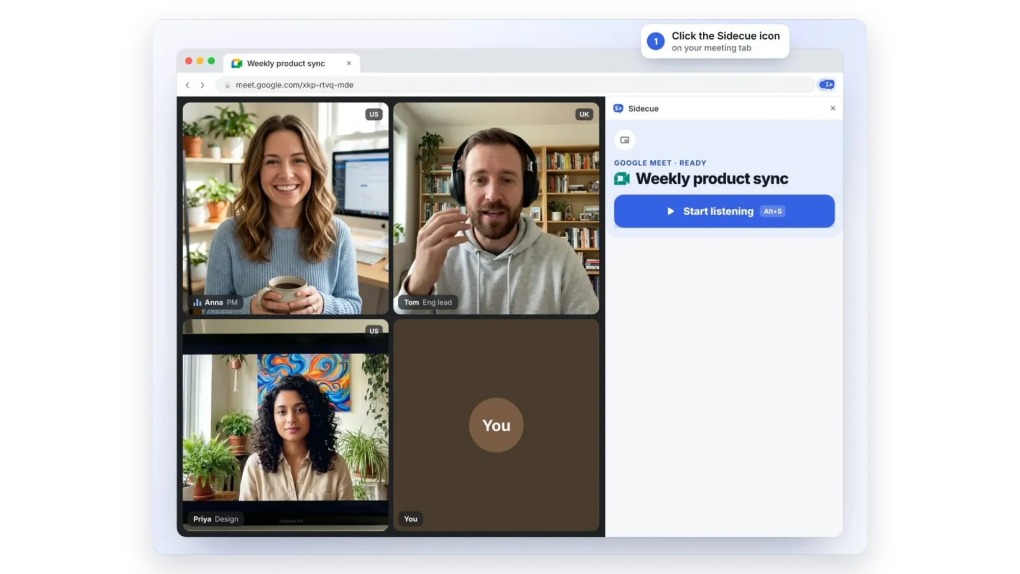 Google Meet tab with the Sidecue side panel ready to start listening