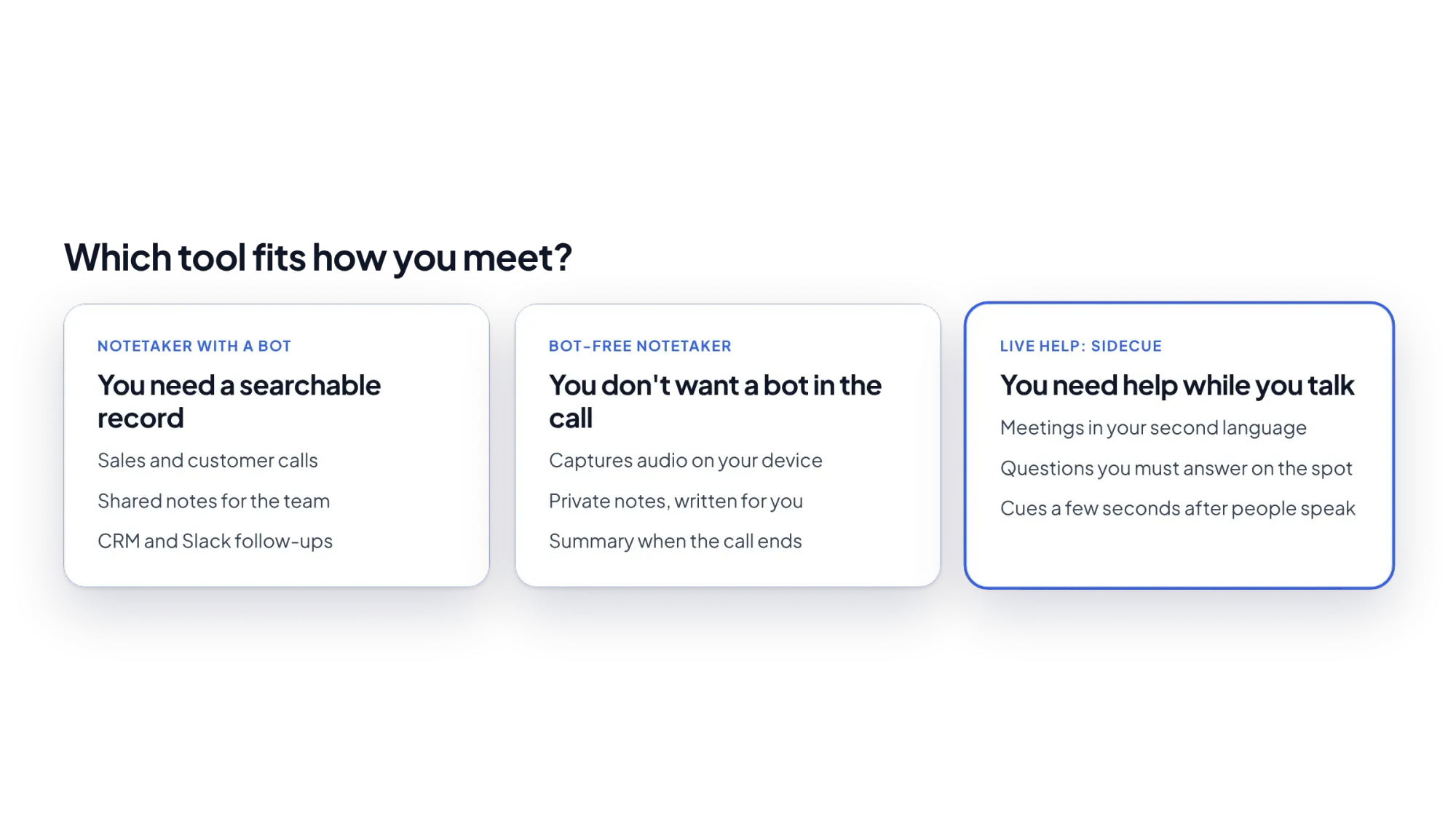 Decision chart: notetaker with a bot, bot-free notetaker, or live help with Sidecue
