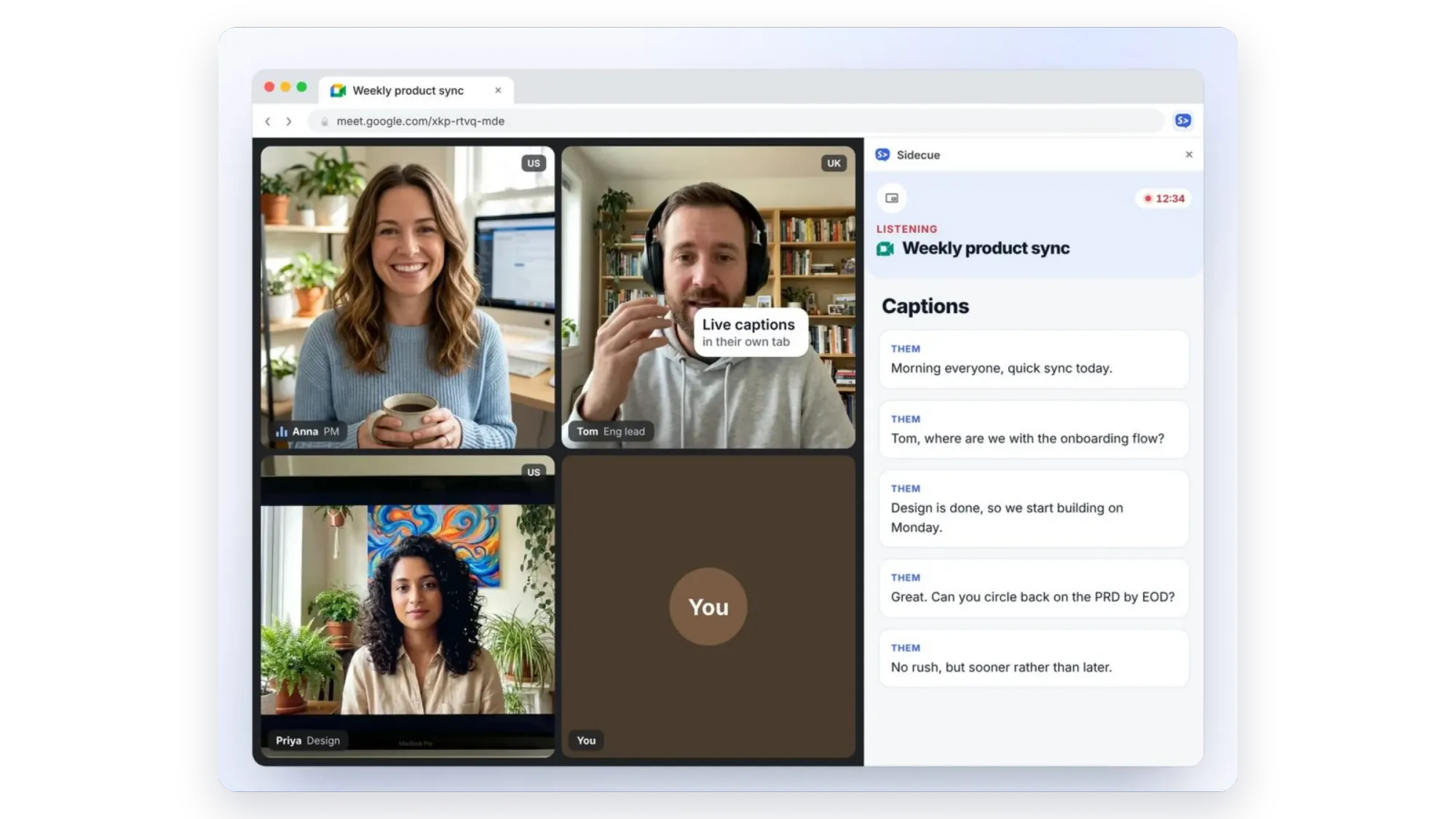 Sidecue Captions tab showing a live transcript next to a Google Meet call